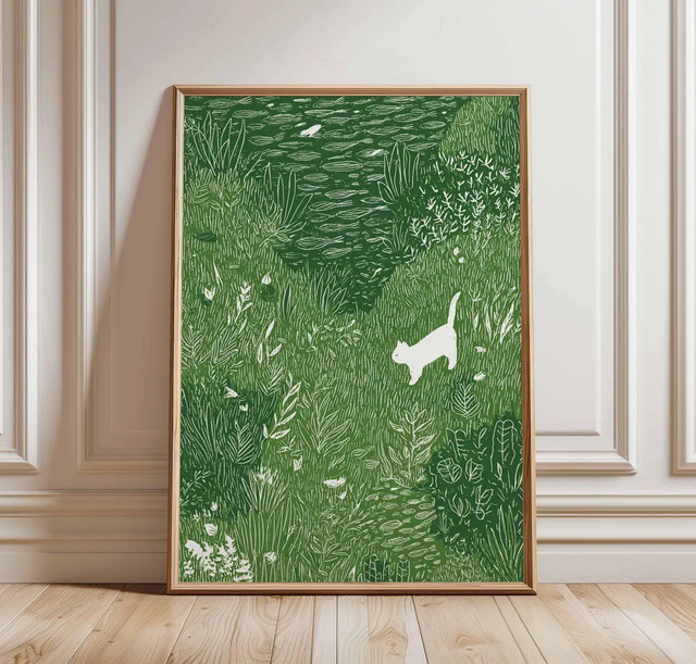 Weiße Katze in der Wiese Poster von SHENCHEN, skurrile Tier-Wandkunst im skandinavischen Stil als Natur-Illustration auf Papier - Bild 1