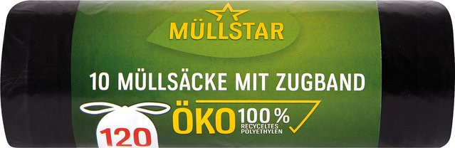 MUELLSTAR Öko-Müllsäcke mit Zugband, 120 Liter, Schwarz, 10 Stück, 100 % Recycling - Bild 1