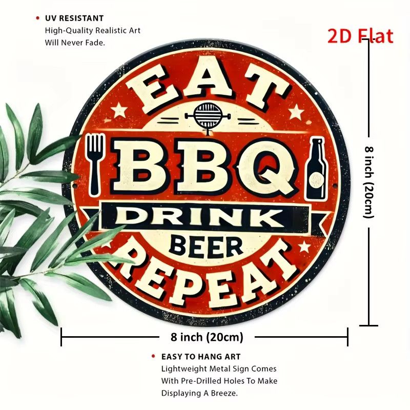 Potdemiel Vintage-Wandschild aus Aluminium für Grill und Bier, rundes Retro-Dekor mit Grillutensilien und Sternen - Bild 2