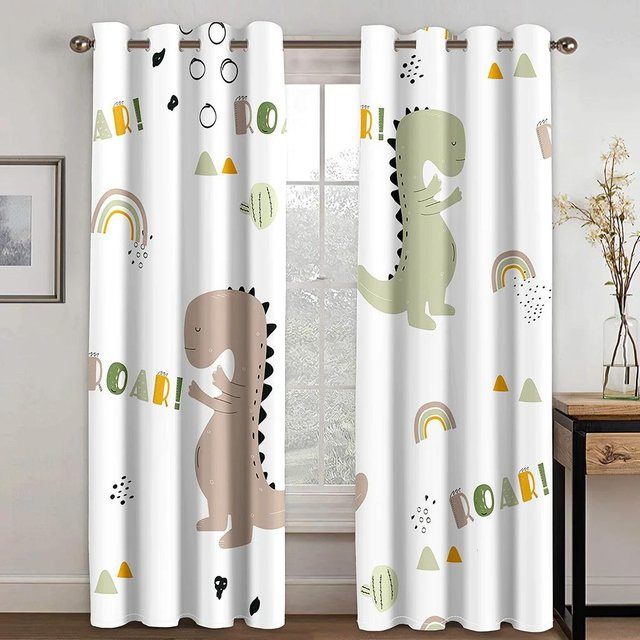 Yiran Furniture Dinosaurier Vorhänge für Kinder, Bunt Safari Wildtiere Design, Polyester, halbtransparent, 2er-Set, B: 60 cm, H: 60 cm - Bild 1