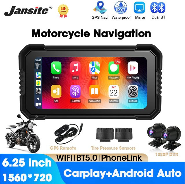 Jansite Tragbares Motorrad-GPS-Navigationsgerät mit 6,25 Zoll Display, Wireless CarPlay und Android Auto, IPX7 wasserdicht, inklusive TPMS-Monitor, Schwarz - Bild 1