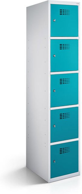 rotstahl Fächerschrank mit 5 Fächern in Türkis und lichtgrauem Korpus, B/T/H: 40 x 50 x 180 cm - Bild 1