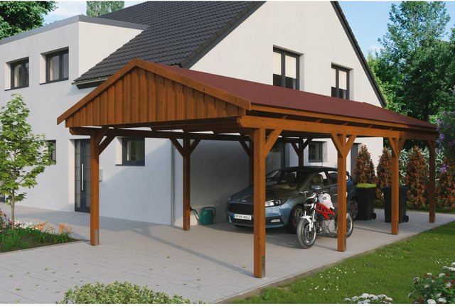 Skan Holz Carport Fichtelberg aus Fichte in Braun mit spitzer Dachform und Dachschindeln, B: 423 cm, H: 326 cm - Bild 1