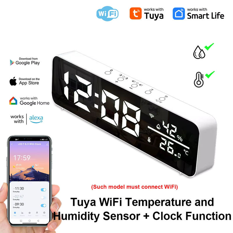 Tuya WiFi LED Wecker mit Temperatur- und Feuchtigkeitssensor, USB Desktop Spiegeluhr in Weiß - Bild 2