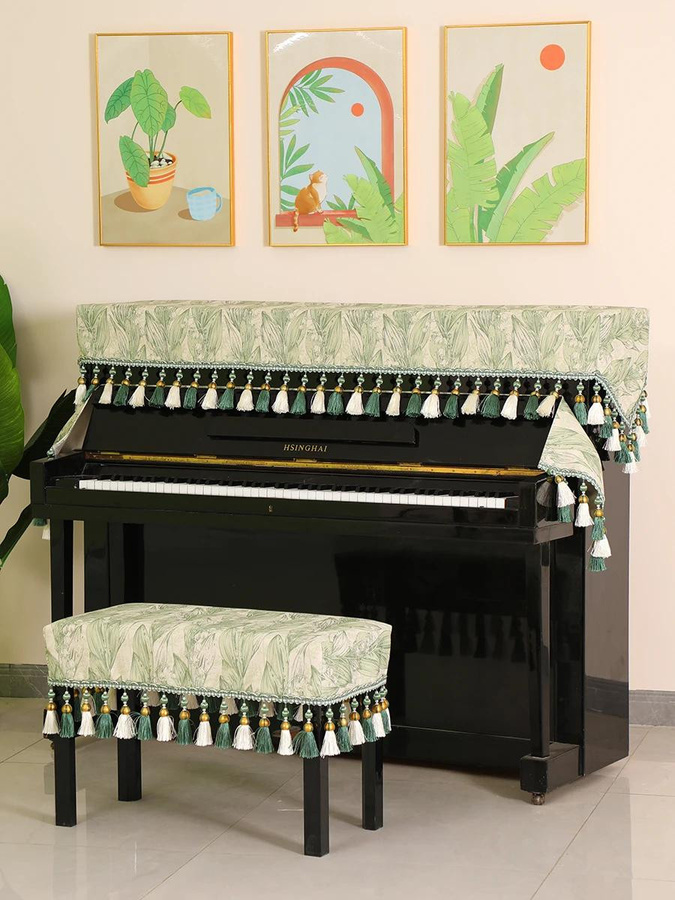 Binchi Outdoor Equipment E-Piano Abdeckung mit Pflanzenmuster und Perlenfransen in Grün, B: 180 cm, T: 30 cm - Bild 1