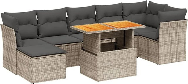 vidaXL 8-teilige Garten-Sofagarnitur in L-Form aus grauem Poly-Rattan mit Kissen und Akazienholz - Bild 1