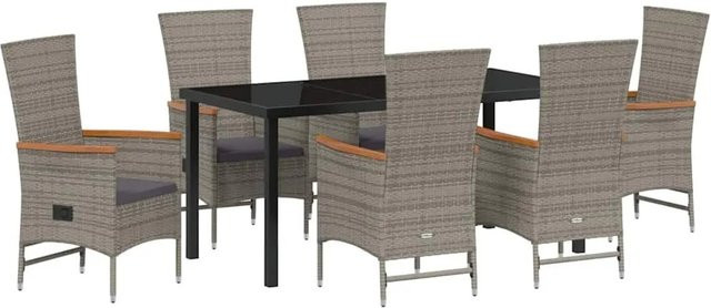 vidaXL Garten Essgruppe 7-teilig aus Poly-Rattan und Akazienholz in Grau mit Glasplatte und Kissen - Bild 1