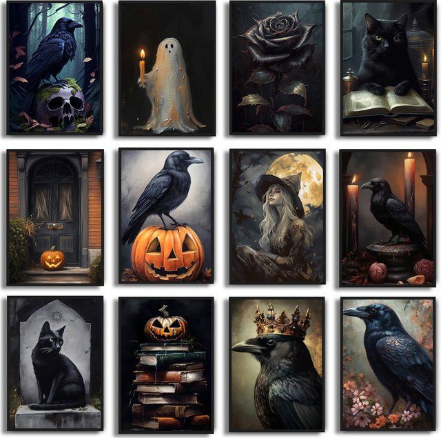 Potdemiel Dark Academia Wandkunst Leinwand im Gothic Stil mit schwarzer Katze, Krähe und Halloween Motiven - Bild 1