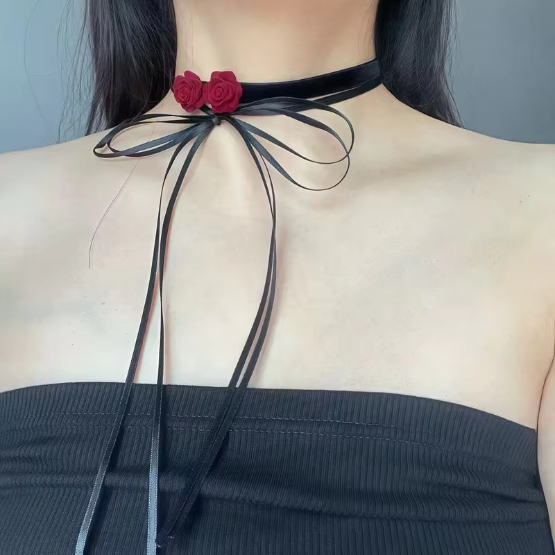 Halskette Damen, Samtblumen, Retro-Schleife, Schwarz, Rot, Vintage - Bild 3