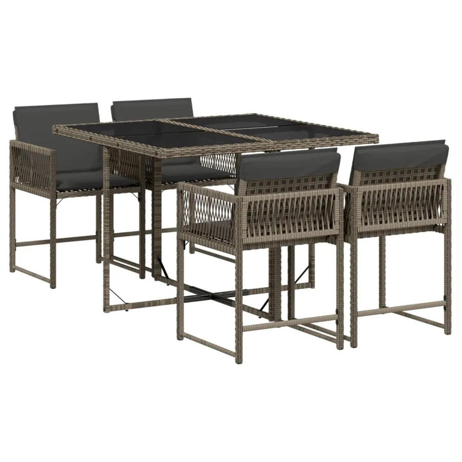vidaXL 5-tlg Garten-Essgruppe aus Poly Rattan mit Hartglas-Tisch und Kissen in Grau - Bild 2