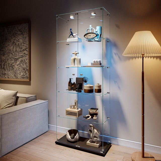 Rosahqnda stehende Glasvitrine in Schwarz mit 5 Glasböden, 2 Glastüren, LED-Beleuchtung und Schloss für dein Wohnzimmer - Bild 1
