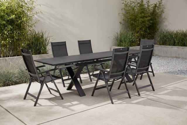 Kettler BasicPlus Premium Garten-Essgruppe aus Aluminium und Spraystone in Anthrazit mit ausziehbarem Tisch und 6 Multiopositionssesseln, Tisch Breite: 180 cm bis 280 cm - Bild 1