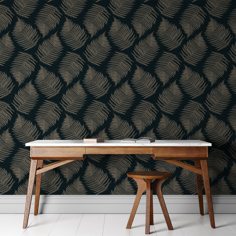 Isidore Leroy Tapete Fougere Nocturne in Schwarz und Beige mit botanischem Floral-Design aus Vlies - Bild 1