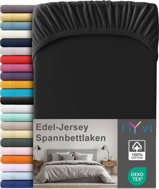 NYVI Edel Jersey Spannbettlaken Deluxe aus 100% supergekämmter Baumwolle, Schwarz, B/T: 90-100 x 220 cm, Steghöhe bis 25 cm - Bild 1
