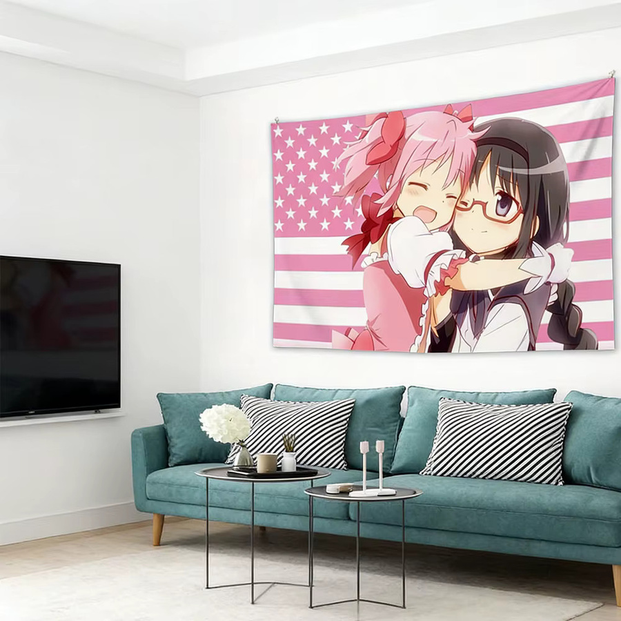 Madoka & Homura Hugging USA Flag Wandbehang aus Polyester, Mehrfarbiger Textil-Wandbehang für dein Schlafzimmer und Wohnzimmer, B/H: 40 x 60 cm - Bild 5