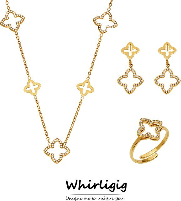 Ohrringe, Halskette, Ring Set, Edelstahl, Gold, Zirkonia, Damen - Bild 1