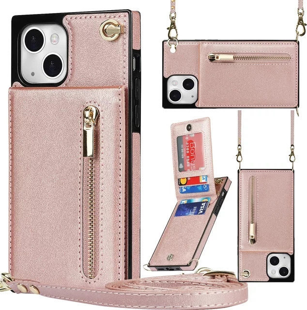 HQBBRO Crossbody Ledertasche mit Reißverschluss und Kartenfach als Geldbörse für iPhone 11 bis 16 Pro Max, Farben: Gold oder Pink - Bild 1