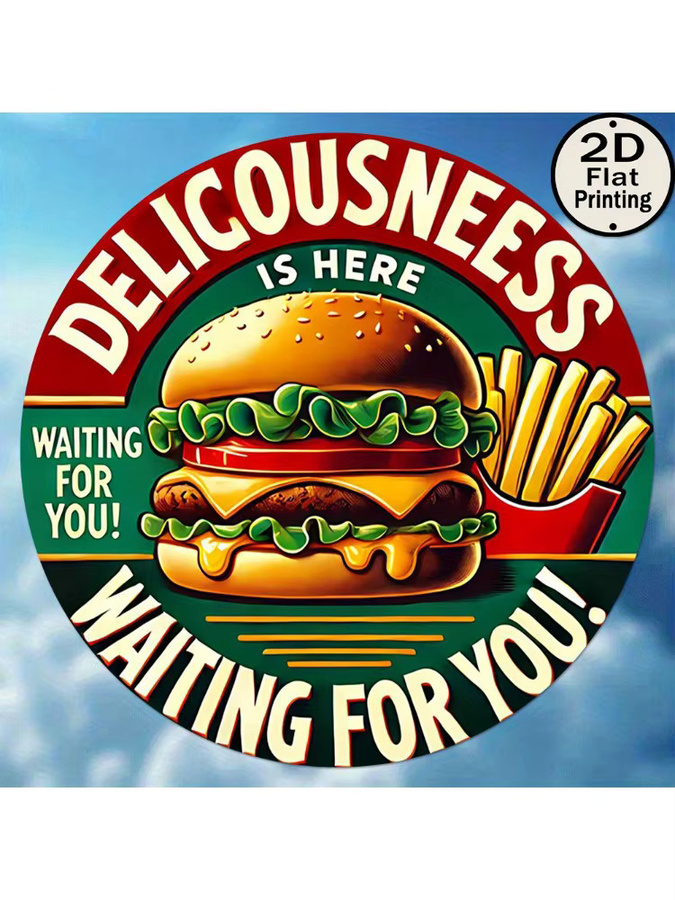 Potdemiel Vintage Metall-Wandblechschild rund Deliciousness is Here Burger & Fries Design, Mehrfarbig, Durchmesser: 20,32 cm - Bild 7
