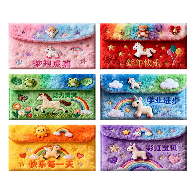 6 Stück Rote Umschläge für das Chinesische Neujahr 2026 mit Cartoon Pferd Design aus Kunstfell in Rot und Multicolour für Kinder - Bild 3