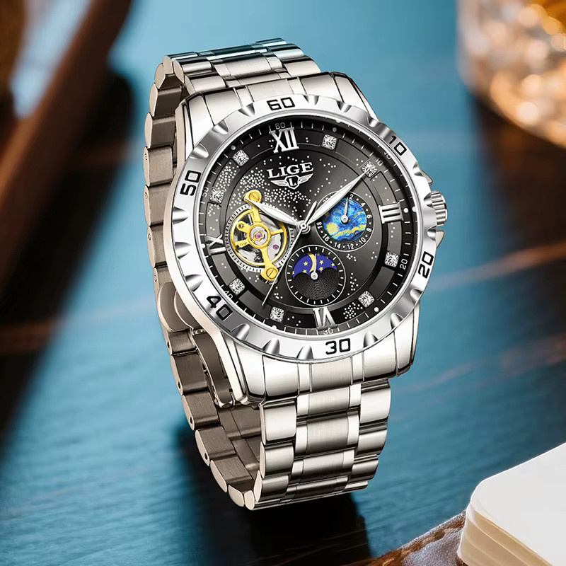 LIGE Armbanduhr Automatik, Edelstahl, Schwarz, Silber, Herren - Bild 2