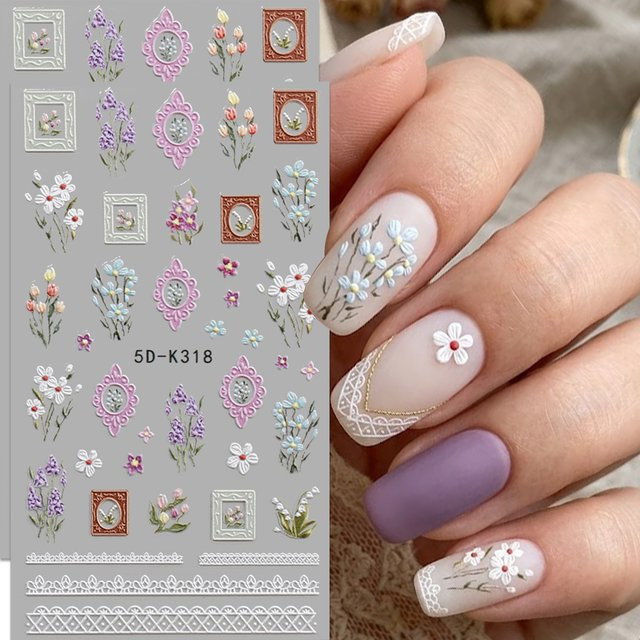 QIANJIKU Nagelaufkleber, 5D Vintage-Blumen, pastellrosa-lila, 2 Stück - Bild 1