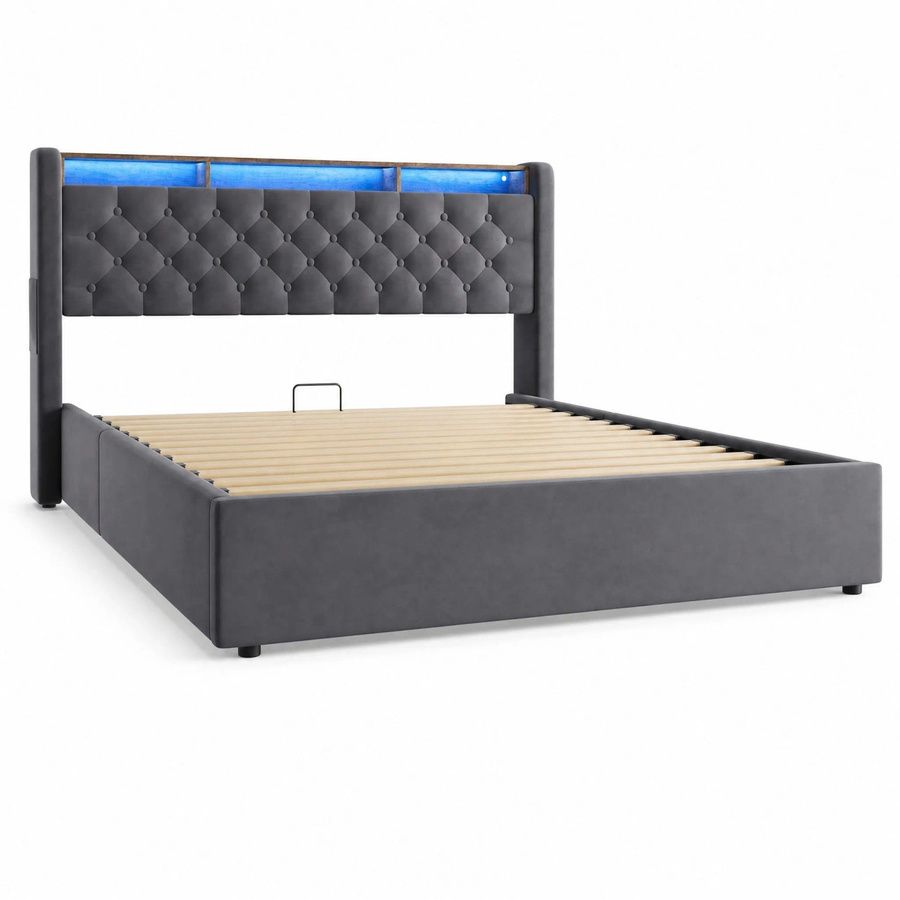 okwish Polsterbett mit LED-Beleuchtung und Bettablage in Dunkelgrau, B/T/H: 160 x 200 cm - Bild 2