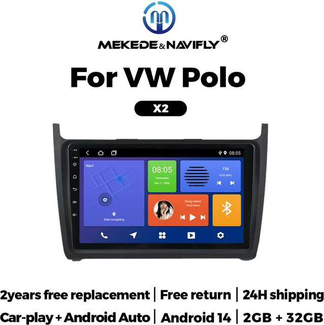 STRONGNAVI Android 2Din Multimedia Autoradio mit CarPlay und GPS Navigation für Volkswagen VW Polo Limousine 6R 2012-2018 in Schwarz - Bild 1