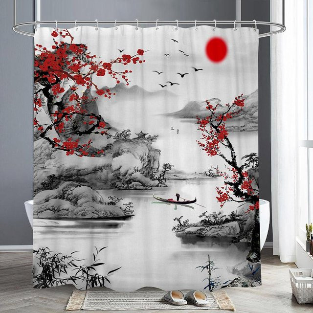 Duschvorhang mit roter Pflaumenblüte und Naturlandschaft im orientalischen Tusche-Stil, B/H: 90 x 180 cm - Bild 1