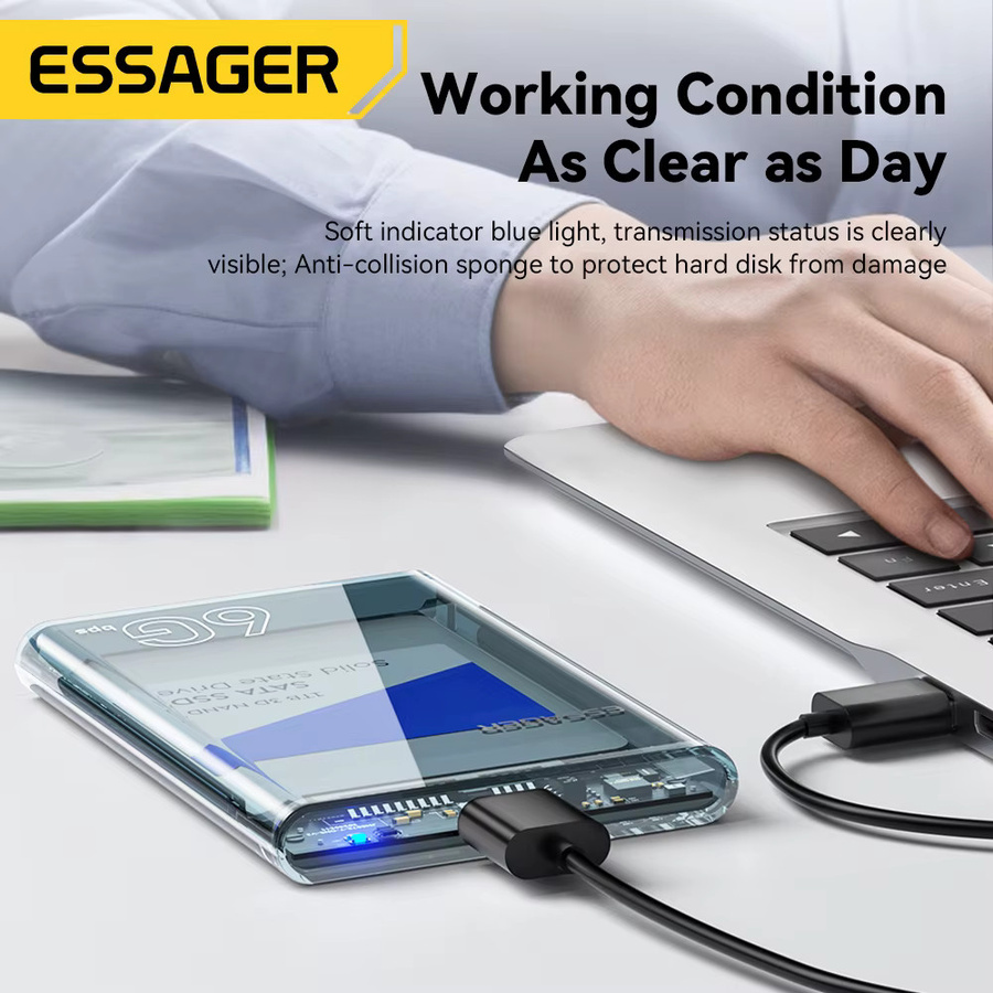 Essager USB 3.0 HDD-Gehäuse für 2,5 Zoll SATA Festplatten und SSD, Mobile Festplattenhülle in Grau und Transparent - Bild 3