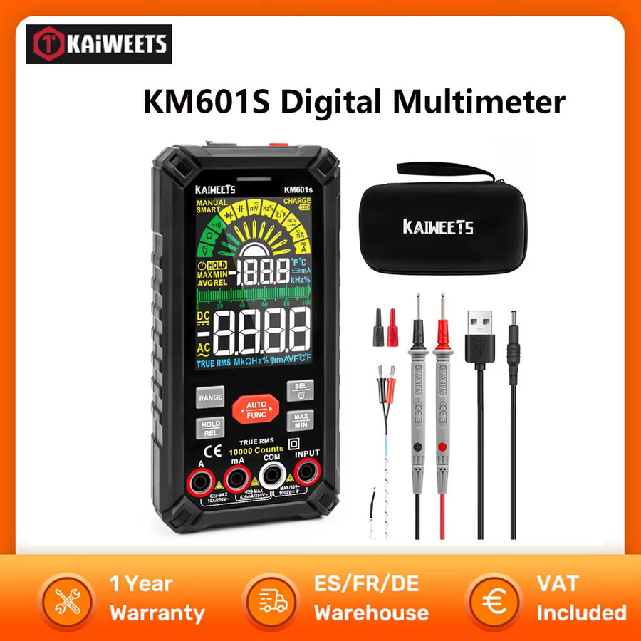 KAIWEETS KM601S Digitalmultimeter in Schwarz mit 10.000 Zählungen, True-RMS, Smart Mode, manuellem Modus und integrierter Taschenlampe - Bild 2
