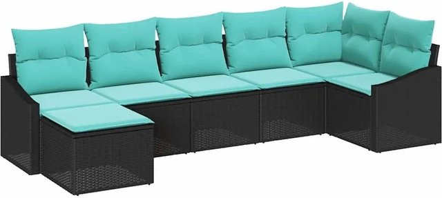 vidaXL Gartenmöbel Set aus Poly-Rattan in Schwarz, 7-teiliges Lounge-Set mit Kissen und Fußhocker - Bild 1