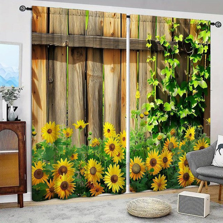 2-teiliges Set Vorhang mit Sonnenblumen-Print in Schwarz und Multicolour, halbtransparentes Fensterdekor mit Stangentasche, Breite: 52,5 cm, Höhe: 116 cm
