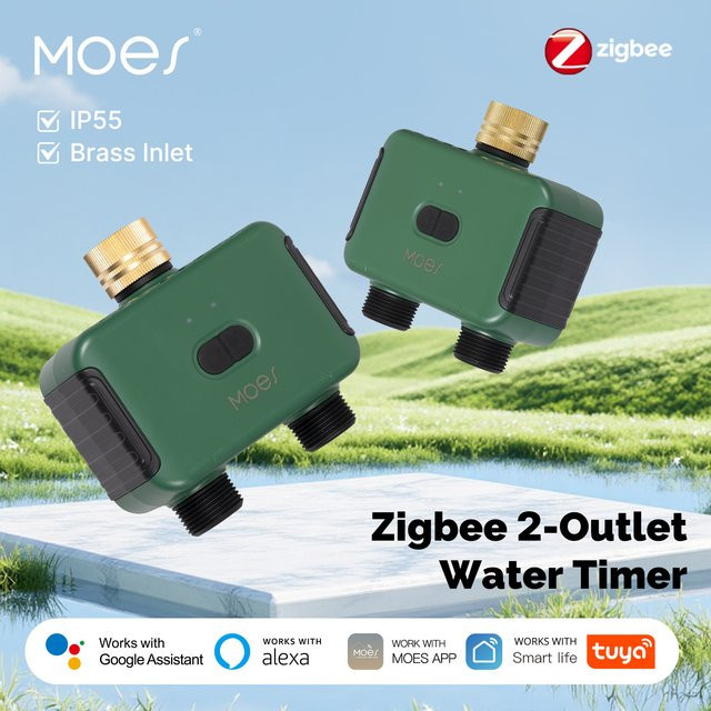 MOES Tuya Smart ZigBee 2-Wege-Wassertimer mit Messinganschluss und Filter, programmierbarer Bewässerungstimer in Grün, kompatibel mit Alexa und Google Home - Bild 1