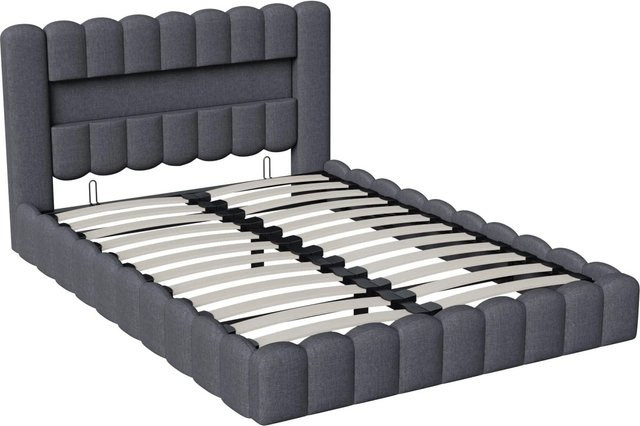 PXloue Polsterbett mit Stauraum und USB-Anschluss aus Leinen in Grau, B/T/H: 140 x 200 x 220 cm - Bild 1