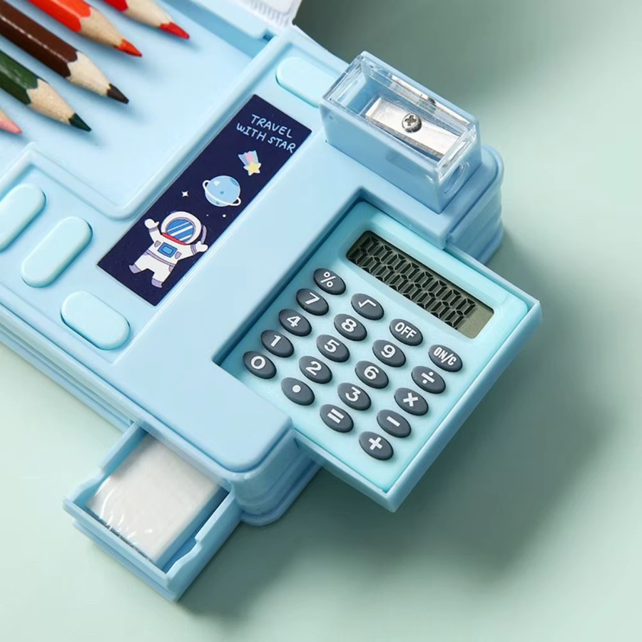 Blaues Federmäppchen aus Kunststoff mit Mechanismus-Design, Taschenrechner und Bleistiftspitzer für deine Schreibwaren - Bild 4