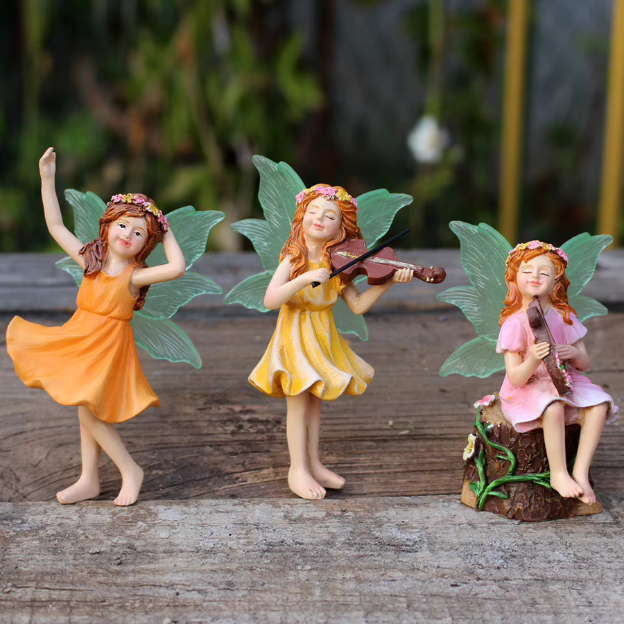 3er-Set Musik spielende Blumenfee Gartenfiguren aus Keramik und Harz in Multicolour zur Dekoration von Sukkulenten und Gartenlandschaften - Bild 2