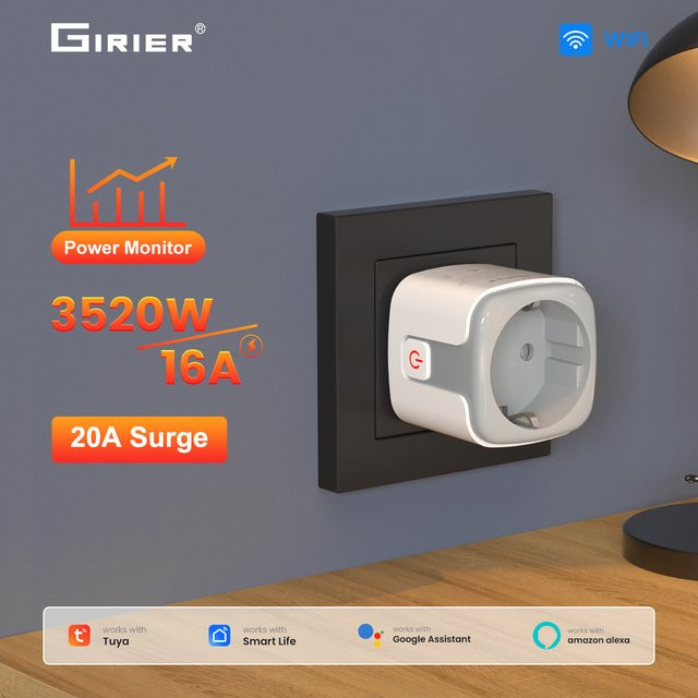 GIRIER Tuya Smart Power Plug WLAN-Wandsteckdose 16A 3520W mit Stromüberwachung und App-Timerfunktionen in Weiß, kompatibel mit Alexa und Hey Google - Bild 1
