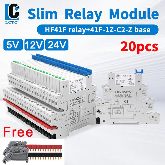 20er Set LCTC Slim Relais HF41F mit LED und 6A für die DIN-Schiene, Farbe: Weiß - Bild 1
