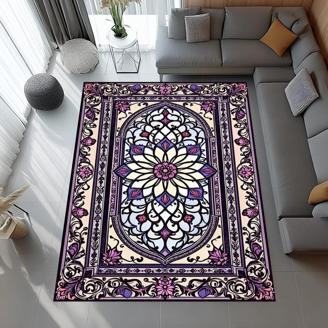 HGHT Teppich im Buntglasstil mit floralem Motiv in Lila und Rosa, rechteckig, B/T: 120 x 160 cm - Bild 1
