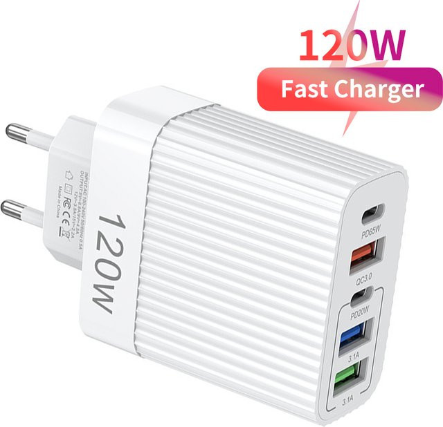 USB-C-Ladegerät mit 120 W und mehreren Anschlüssen für Schnellladung via PD Typ C und QC 3.0, Wandadapter in Weiß - Bild 1