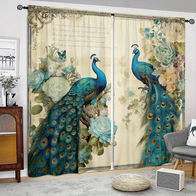 Pfauenstil Vorhang mit floralem Design in Grau, 2er-Set, halbtransparent, Breite: 52,5 cm, Höhe: 116 cm - Bild 1