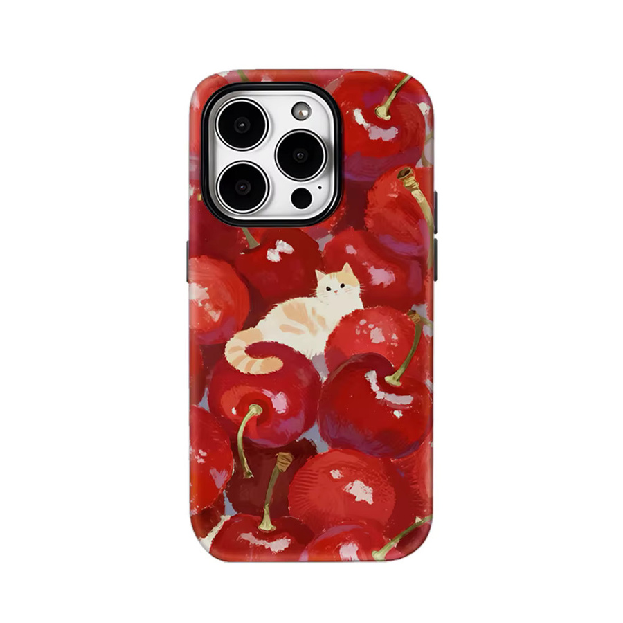 Potdemiel Handyhülle Cherry Cluster & Cream Tabby Cat für iPhone 17 16 15 14 13 Pro Max Plus mit doppelschichtiger Rückseite, Multicolor/Rot - Bild 6