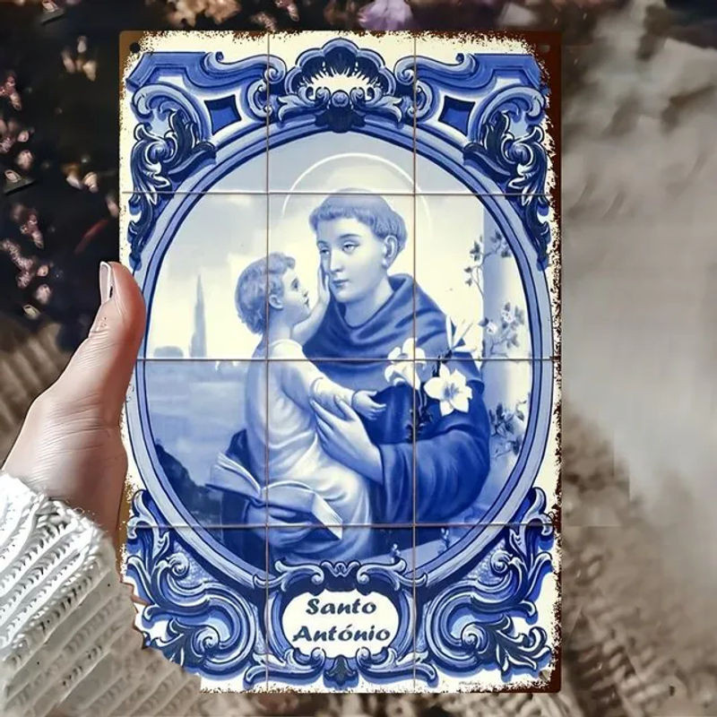 Retro Metall-Wandkunst Hello Young St. Antonius von Padua Illustration in Blau, B/H: 30,48 x 30,48 cm - Bild 1