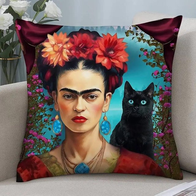 Delampa Kissenbezug Frida Kahlo Kunst Motiv aus Plüsch und Leinen, quadratisch, Mehrfarbig, B/T/H: 18 x 18 x 18 cm - Bild 1