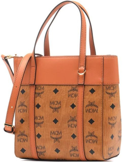 MCM Tragetasche, Monogramm Print, Leinwand, Kalbslederbesatz, Damen, Braun Cognac - Bild 1