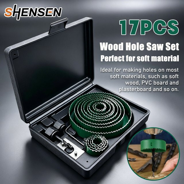SHENSEN Bi-Metall Holzlochsägen-Set in Grün, 19-127mm Lochsägebohrer für Holz, Gipskarton, PVC und MDF - Bild 1