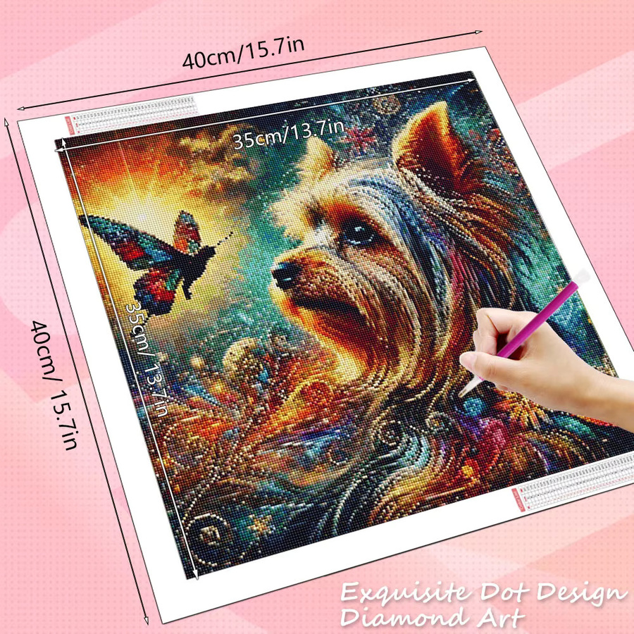 HUACAN 5D Diamant Mosaik Set mit Hund und Schmetterling, Rundes Stickerei Wandbild in Mehrfarbig mit Vollplatz-Bohrern - Bild 2