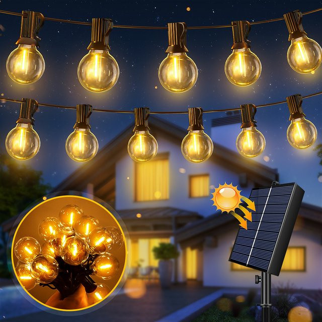 nexillumi Solar G40 Outdoor LED-Lichterkette mit Globus-Glühbirnen, Warmweiß, IP44, Dimmbar, Bruchsicher mit Fernbedienung, E12-Fassung, Schwarz - Bild 1