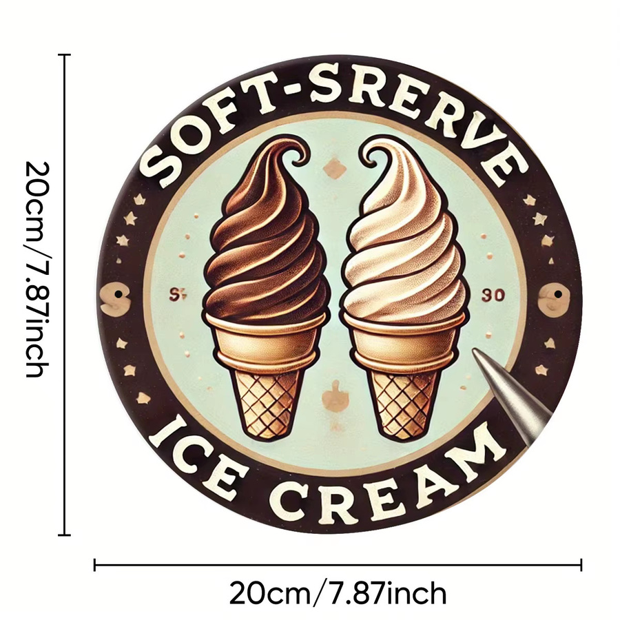 Potdemiel Vintage Soft-Serve Ice Cream Aluminium Wanddeko, runde Metall-Zierplatte mit Typografie-Design, Mehrfarbig, Durchmesser: 20 cm - Bild 4