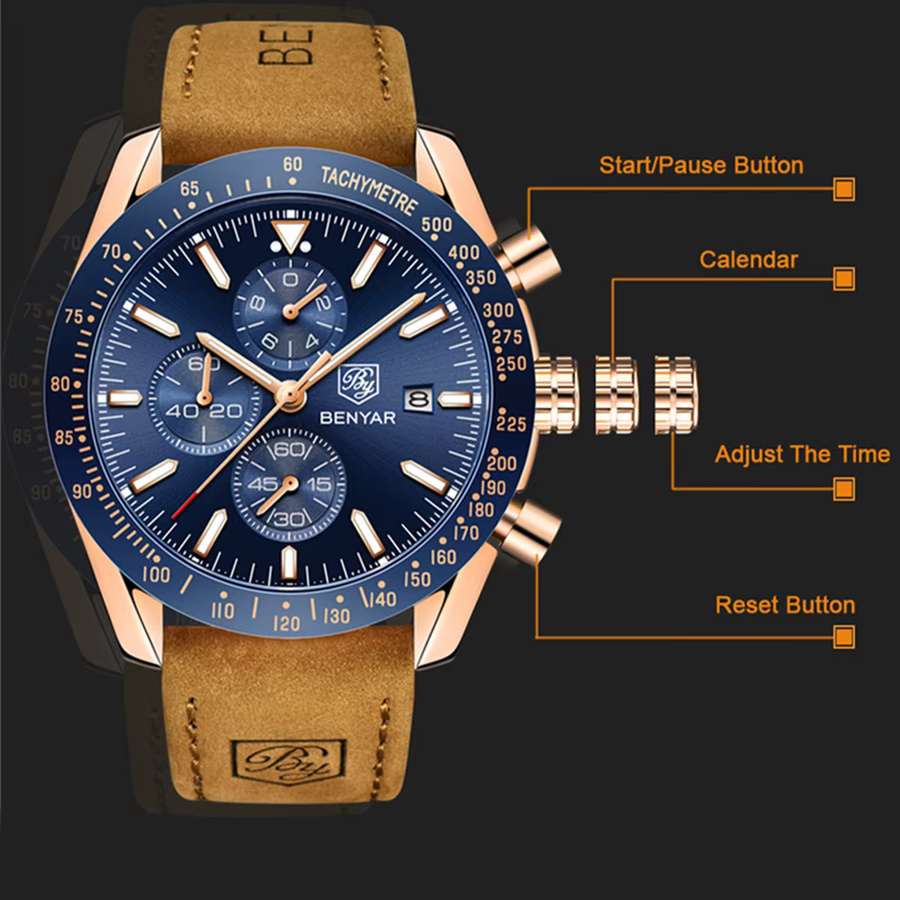 BENYAR Chronograph, Quarz, Blau, Leder, Herren - Bild 5